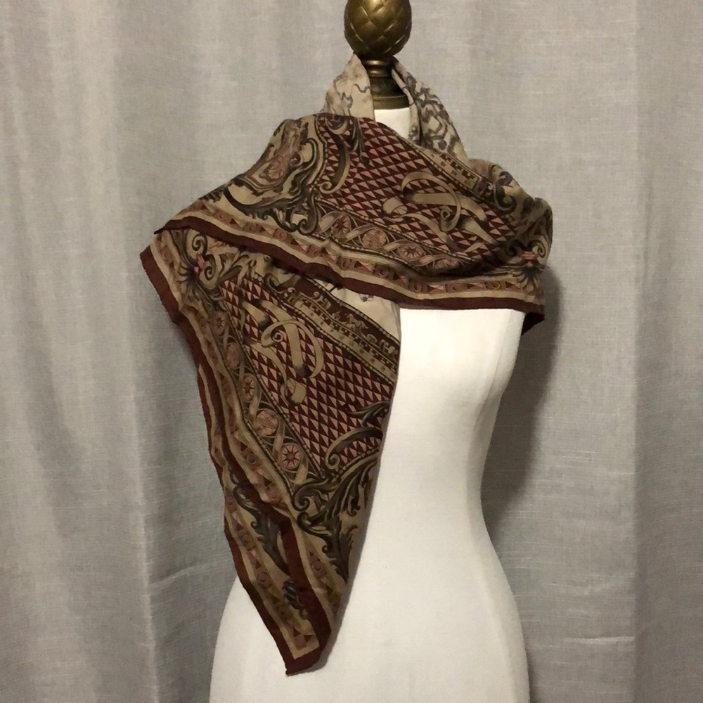 Vintage Ellen Tracey Scarf-33x33-Travel/Map Themed-Pinks/Browns/Maroon-EUC